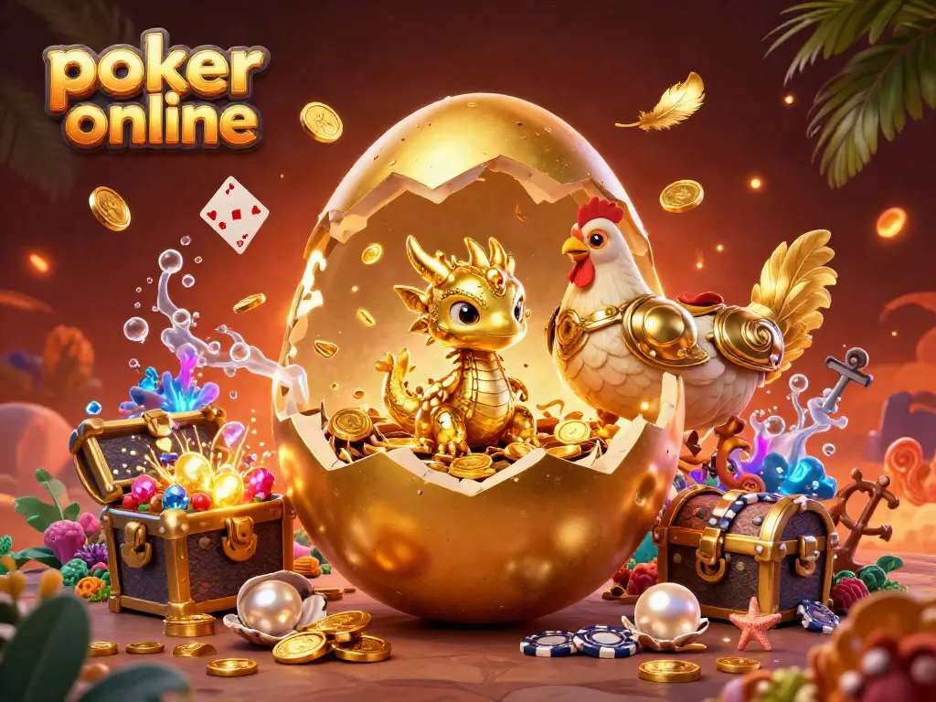 Experience poker games online with this vibrant illustration of a golden dragon amid poker chips and game elements.