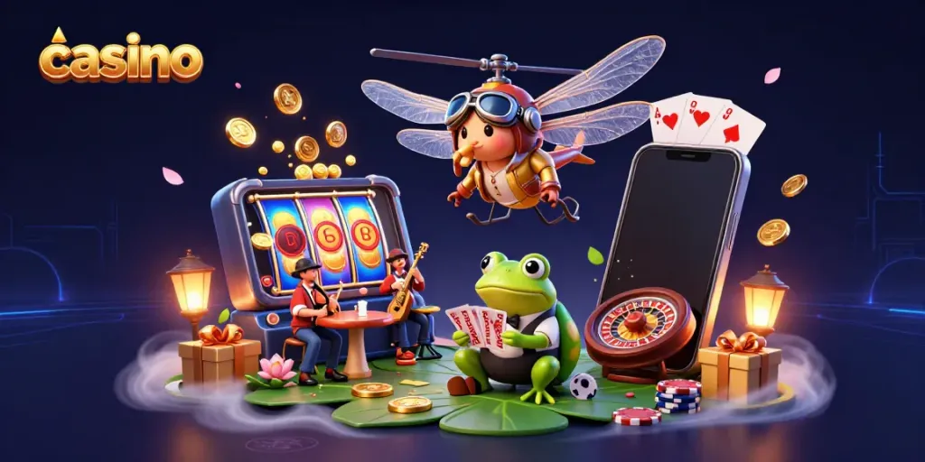 Catch exciting casino action with vibrant characters and games in a lively scene.