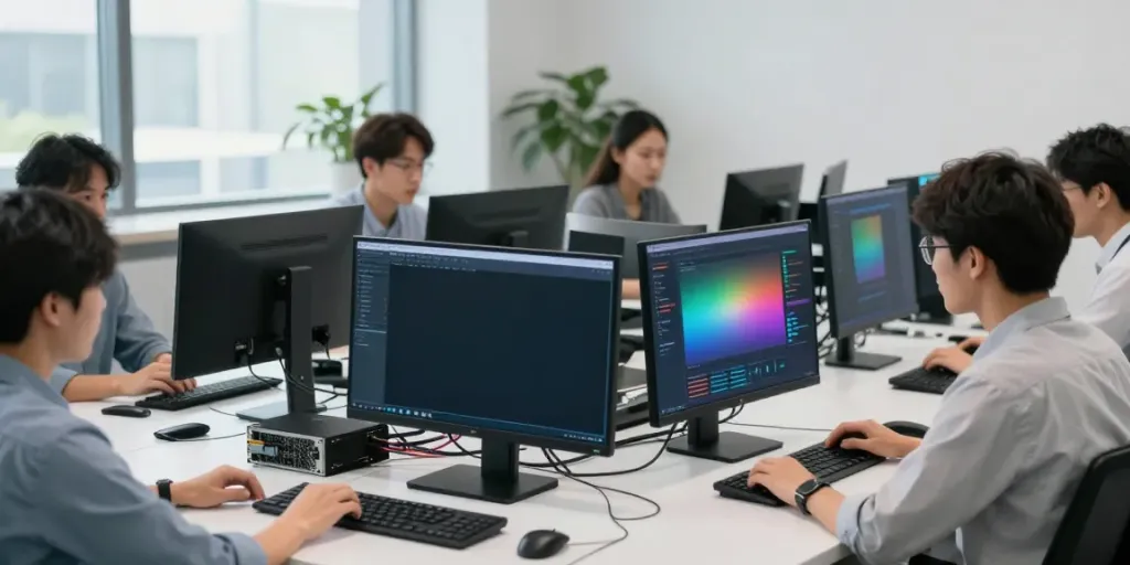 Team of professionals analyzing rokok88 slot server performance in a modern tech workspace.