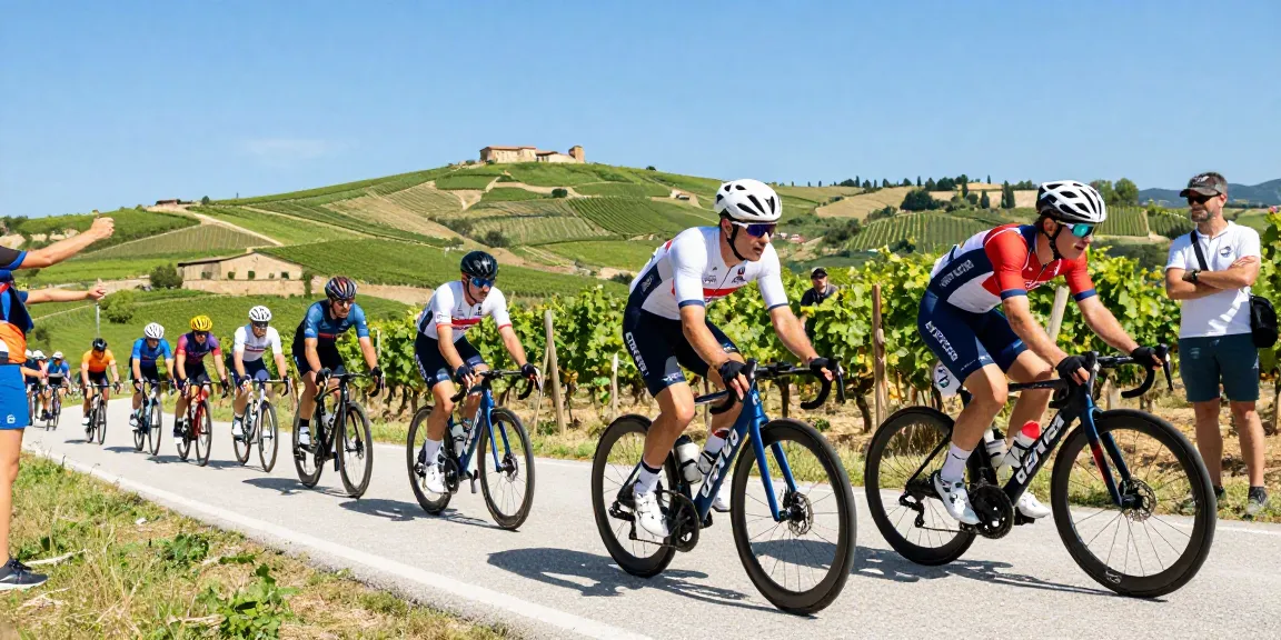 Racing scene showcasing ciclismo italiano with cyclists in action along scenic Italian vineyards.