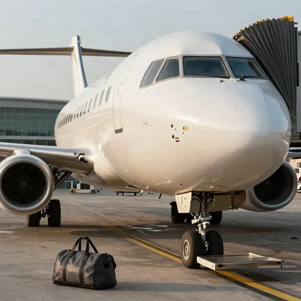 Aereo regionale al gate con rampa, carrelli e bagaglio a mano in attesa del volo.