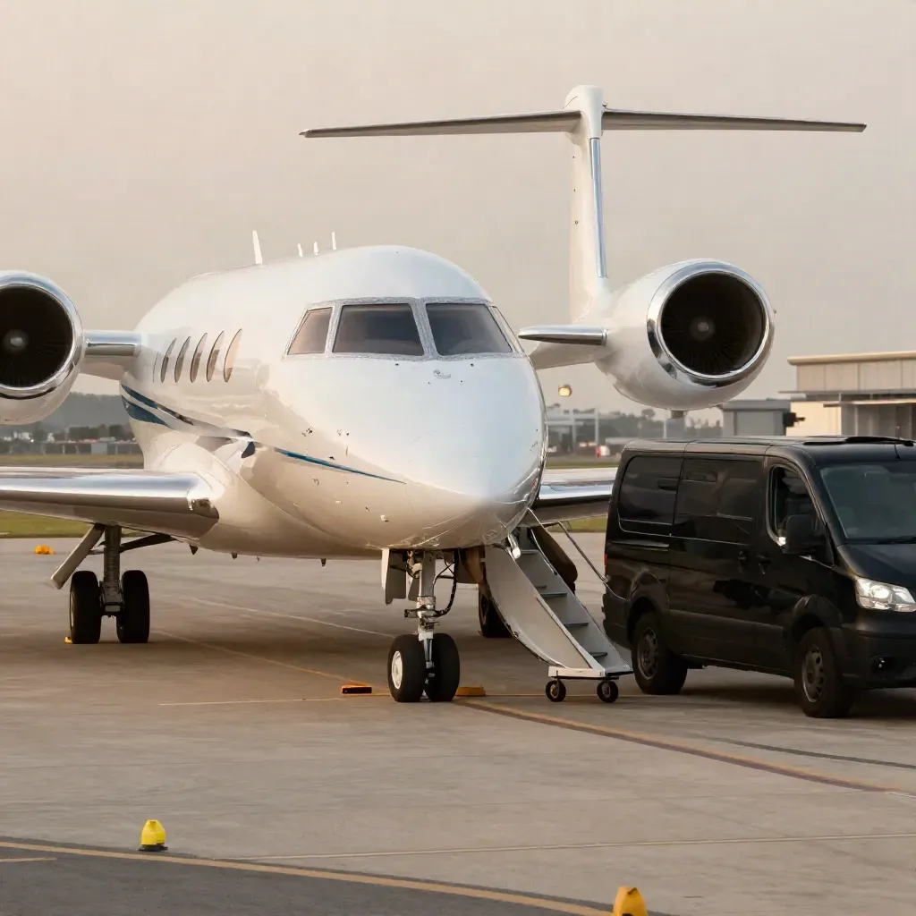 Jet privato, scaletta mobile e van navetta su una piazzola tranquilla al tramonto