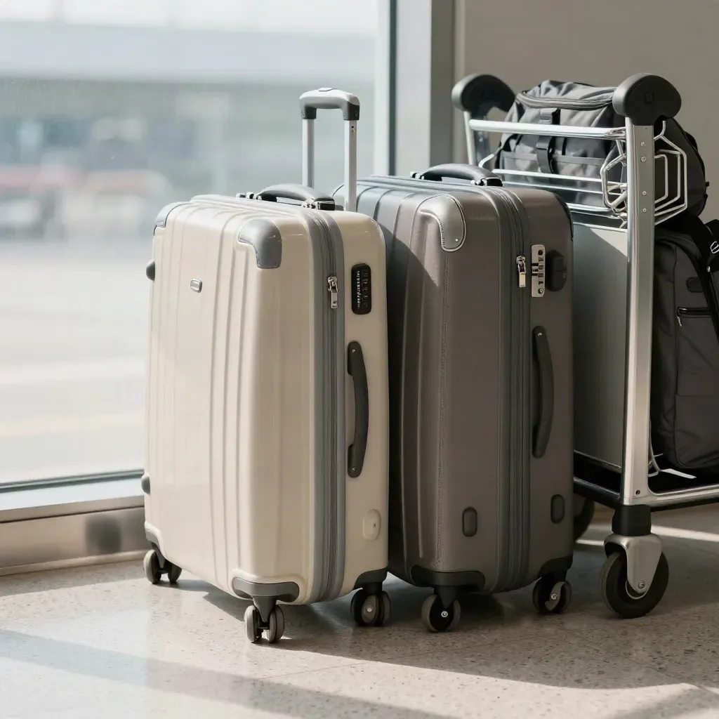 Due valigie ordinate e un cabin roller su carrello bagagli in un angolo di terminale luminoso.