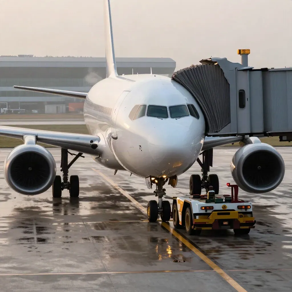 Aereo in pushback all’alba, con passerella retratta e luci pista nella nebbia.
