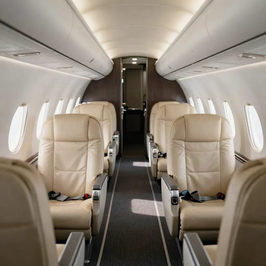 Cabina di jet charter vuota, sedili allineati e luci soffuse in attesa dei passeggeri.