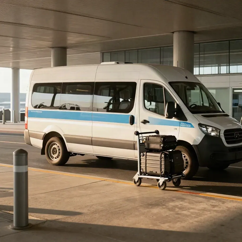 Van navetta aeroportuale e carrello bagagli sotto la pensilina del terminal al tramonto