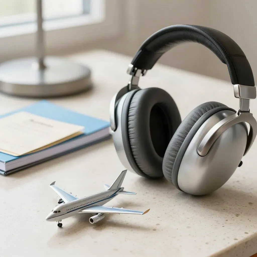 Set di consulenza voli con cuffie aviation, modellino jet e taccuino chiuso su travertino.