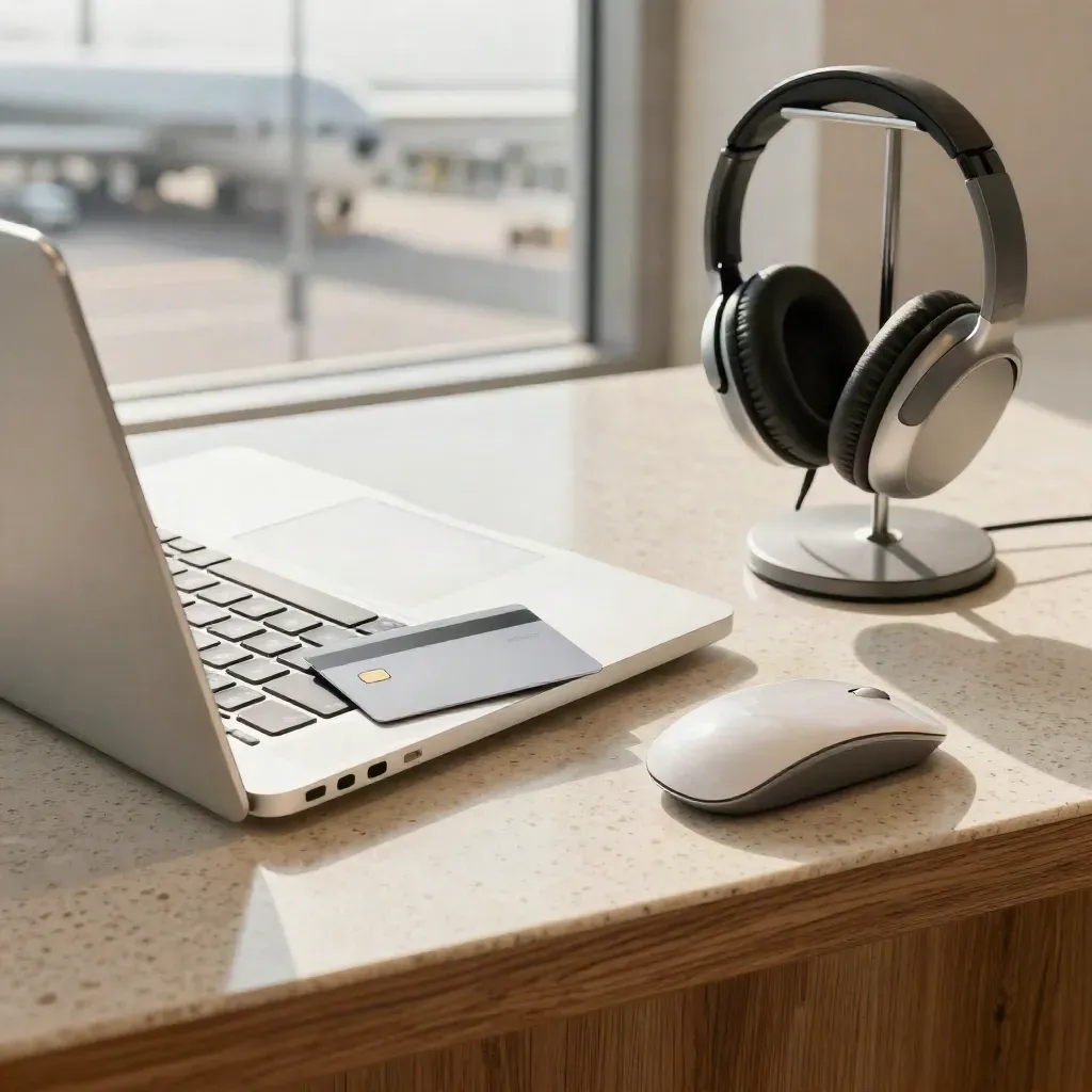 Laptop chiuso, mouse, card contactless e cuffie su banco chiaro in ufficio booking.
