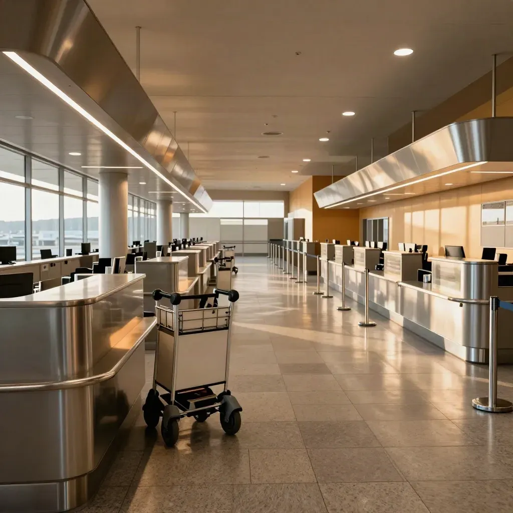 Sala check-in vuota con banco illuminato e carrello bagagli, luce calda e corsie aperte.