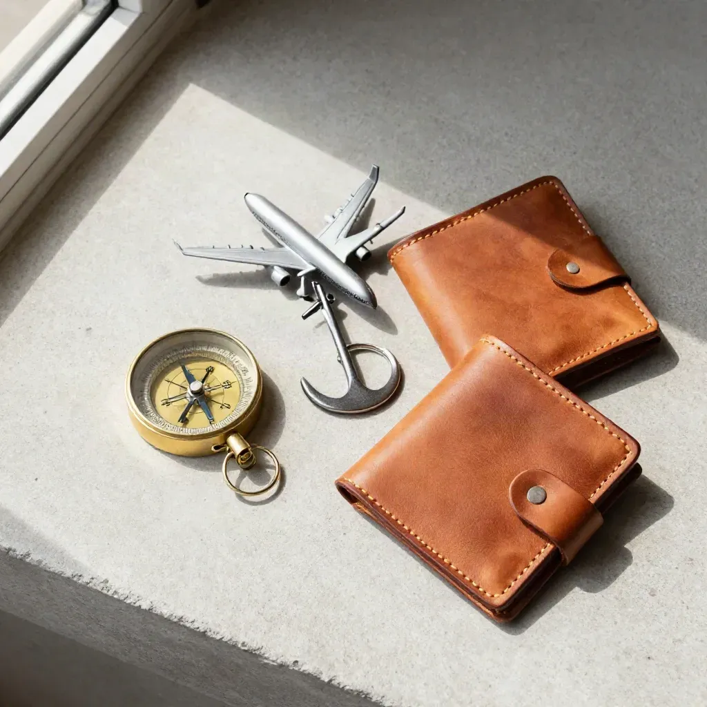 Flatlay dall’alto con bussola, aereo in miniatura e portafogli in pelle su cemento chiaro.