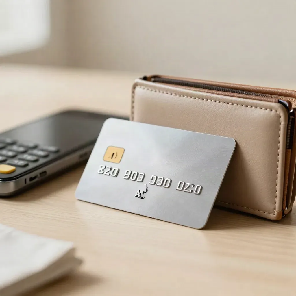 Card contactless, portafoglio, telefono chiuso e terminale pagamenti su legno chiaro