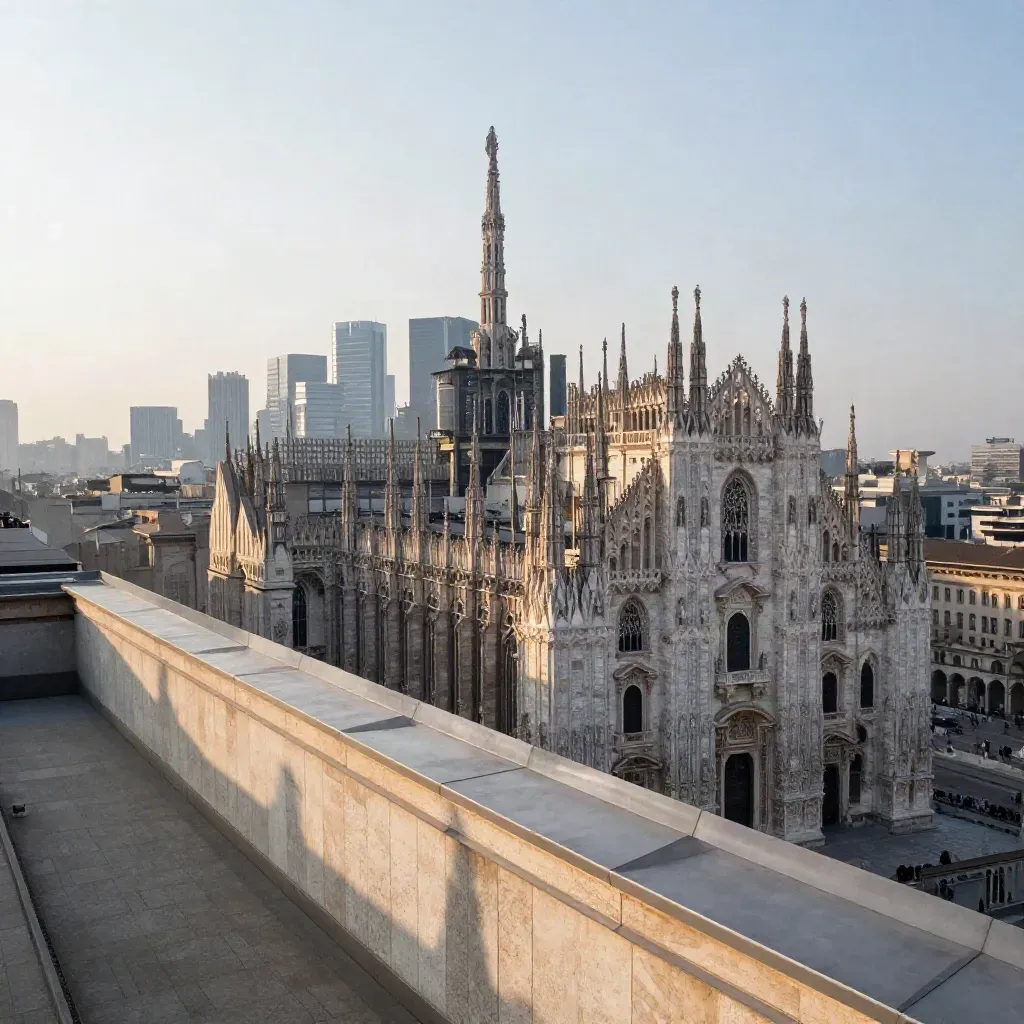 Duomo di Milano e grattacieli nel chiarore del mattino sopra terrazze in travertino.