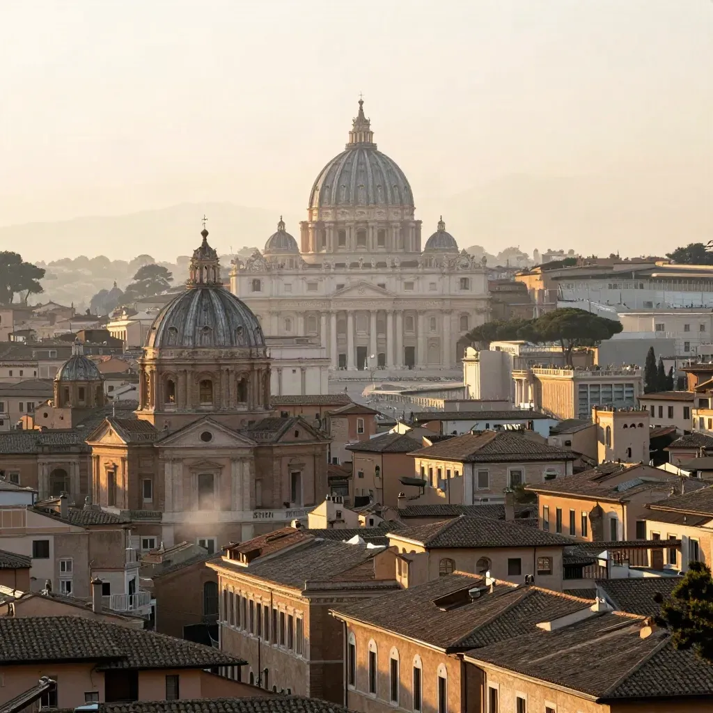 Roma al tramonto con cupole, tetti terracotta e foschia sul Tevere