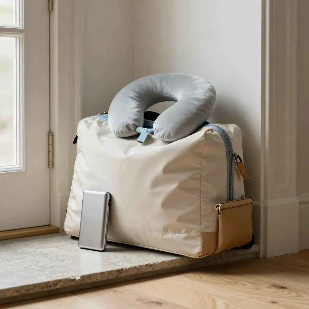Valigia da cabina pronta alla partenza con cuscino, power bank e pouch vicino a una porta