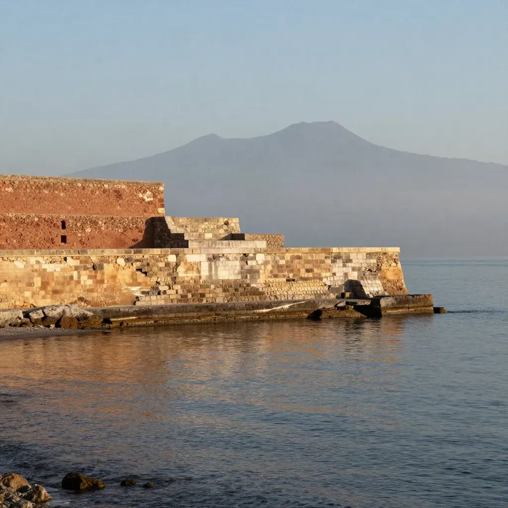 Costa siciliana con Etna lontano, mare calmo e pietra assolata