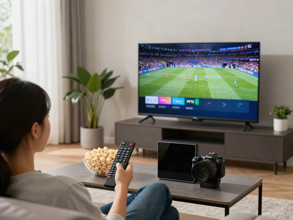 Miglior IPTV user enjoying streaming sports in a sleek living room.