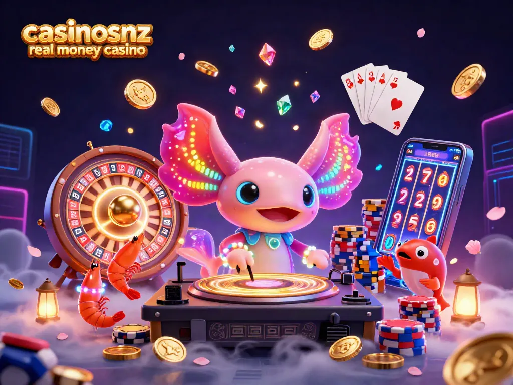 Experience the vibrant world of casinosnz real money casino with a neon axolotl DJ and dynamic casino elements.