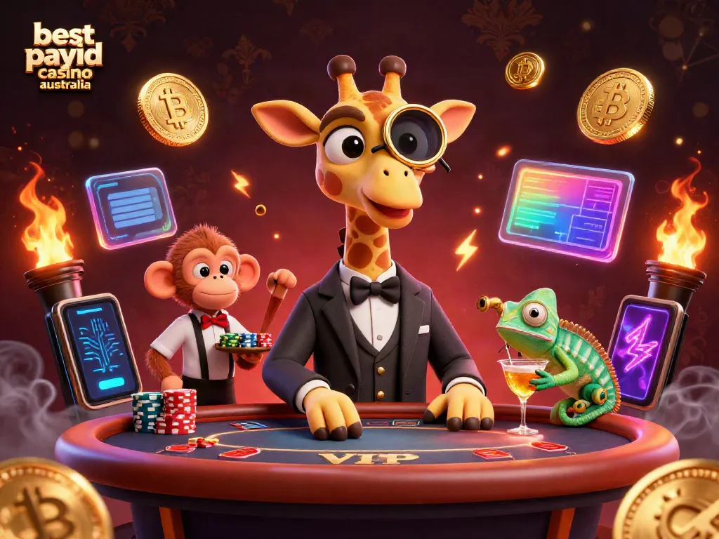Engaging scene with the best PayID casino Australia illustrated through lively characters and dynamic casino elements.
